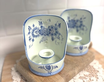 Vintage Delft Style Blue White Ceramic Candle Holders, Hand Painted Floral Sconces
