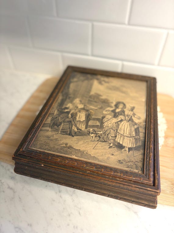 Antique Victorian Jewelry Box, Romantic Courting Scene Print, Vanity Trinket Box