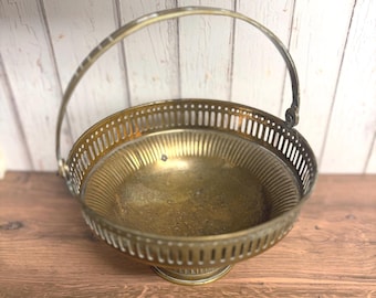 Vintage Brass Pedestal Basket with Handle Pierced Compote Footed Bowl Mid Century Old World Serving Decor