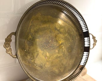 Vintage Brass Serving Tray, Pierced Gallery Edge, Ornate Floral Handles, Cottagecore Vanity Tray