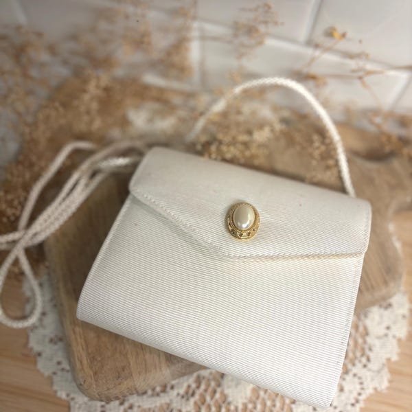 Vintage 1990s Ivory Satin Evening Bag | Bridal Purse | Faux Pearl Clasp | Wedding Handbag | Formal Shoulder Bag