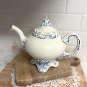 Vintage Holland Mold Blue & White Pedestal Teapot | Hand-Painted Ceramic Tea Pot with Crackle Glaze | French Country Cottage Decor