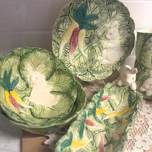 Bunny Lane Easter Dishware: Hand-Painted Rabbit Cabbage Ware Serving Pieces