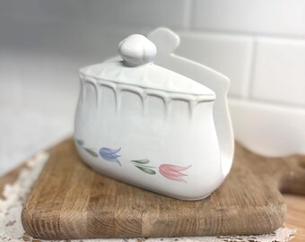 Vintage Ceramic Tulip Napkin Holder with Lidded Condiment Caddy | Cottage Kitchen Organizer