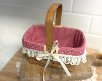 Vintage Longaberger Handwoven Basket with Pink Lace Liner, Cottagecore Farmhouse Decor