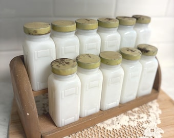 Vintage Griffiths Milk Glass Spice Jars Set, 1940s Wood Rack, Farmhouse Kitchen Storage