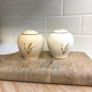 May include: Two vintage salt and pepper shakers. The shakers are off-white with a wheat stalk design in brown and green. Each shaker has a small, round lid with a single hole. They sit on a wooden cutting board.