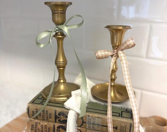 Vintage Mismatched Brass Candlestick Holders, Aged Patina Pair