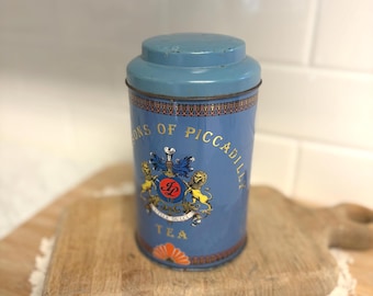 Vintage Jacksons of Piccadilly Tea Tin – Blue English Tea Canister – Lion Crest – Cottage Kitchen Storage – Decorative Tin