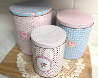 Tilda Storage Tin Set of 3 Pink Aqua Floral Canisters | Cottagecore Kitchen Decor | Scandinavian Rose Tins | Shabby Chic Storage Containers