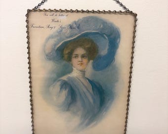 Antique 1907 Edwardian Lady Advertising Print | Waite’s Furniture Rug & Stove Store | Inscribed Victorian Portrait Wall Hanging