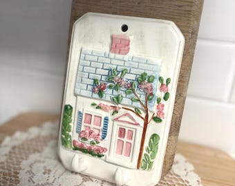 Vintage Ceramic Cottage Wall Hook Plaque, Hand-Painted Pastel Floral House Key Holder