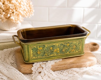 Vintage Amber Pyrex Loaf Pan, Floral Fruit Tin Carrier, Corning NY Bakeware