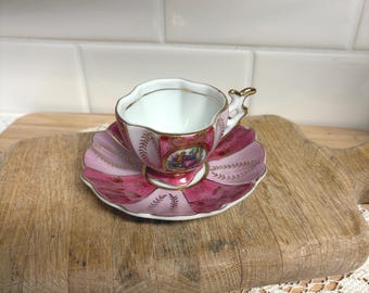 Vintage Demitasse Cup and Saucer Set, Hand Painted Pink Porcelain, Gold Trim, Courting Scene, Personalized “Trina”, Cottagecore Tea Set