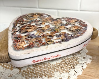 Vintage Fannie May Heart Tin 1986, Cherub Floral Candy Box, Cottagecore Valentine Decor