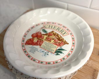 Vintage Cherry Pie Dish with Recipe, Himark Golden Pie Collection, Americana Cottage Kitchen, Scalloped Ceramic Pie Plate
