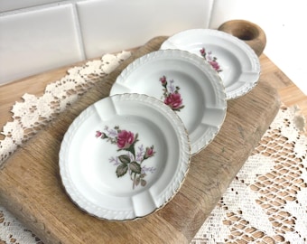 Vintage Porcelain Rose Ashtray, Mini Floral Trinket Dish, Pink Rose Gold Rim Dish, Cottage Chic Vanity Decor