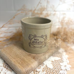 Vintage Win Schuler Restaurants Stoneware Crock | Michigan Restaurant Advertising Crock | Beige Pottery Utensil Holder | Kitchen Decor