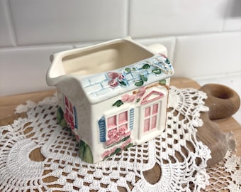 Vintage Cottage House Creamer Pitcher | Our Town Collection Brazil Pink Rose Cottage Ceramic Cream Pitcher