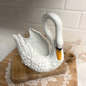 Vintage Portuguese White Swan Planter, Large Ceramic Swan Cachepot, Cottage Garden Planter, Farmhouse Centerpiece, Bird Planter