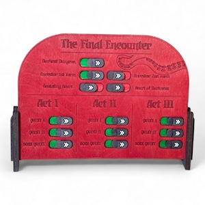 Puede incluir: Un tablero de juego de madera roja con el texto "The Final Encounter". Presenta secciones para "Act I", "Act II" y "Act III", con indicadores de búsqueda e interruptores. El tablero tiene un marco de madera oscura.