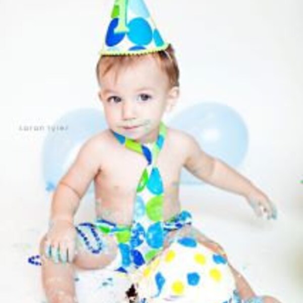 Baby Boy / Toddler Party Hat,  Necktie & Diaper Cover Set (Blue Lime Polka Dot Lime Trim)