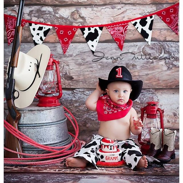 Cowboy Birthday Outfit Party Set in Cow Hide Diaper Cover Chaps Red Bandana and Cowboy Hat Cake Smash outfit