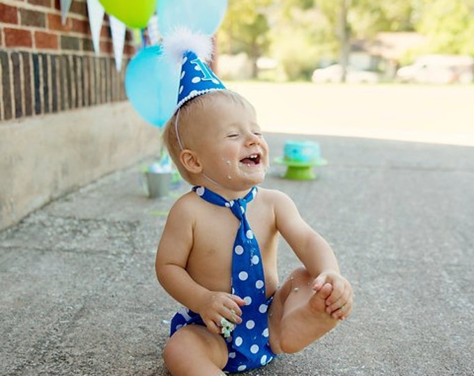 Baby Boys First Birthday Outfit Necktie Party Hat & Diaper Cover First