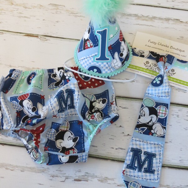 First Birthday Outfit Birthday Cake Smash Outfit Blue Mickey Diaper Cover Party Hat Necktie