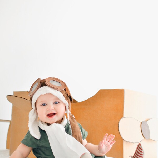 Toddler Pilot Outfit Brown and Ivory Baby Toddler Aviator outfit including Scarf and Hat with Goggles