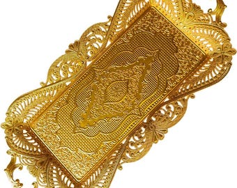 Bandeja pequena turca dourada para servir: decoração em metal zamac gravado.