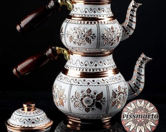 Conjunto de bule turco de cobre feito à mão: chaleira dupla gravada, seguro para fogão