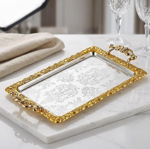 Gold & Silver Turkish Serving Tray: Ottoman Decor with Handles