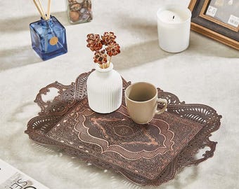 Antique Style Copper Serving Tray: Ottoman Tea Coffee Table Decor with Handles