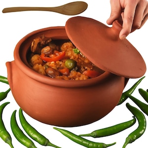 May include: A terracotta cooking pot with a lid, filled with a stew containing vegetables and meat. A wooden spoon rests above the pot. Green chili peppers surround the pot.