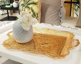 Bandeja de servir estilo otomano dourado: bandeja decorativa para café turco e chá