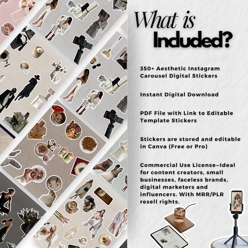 May include: A collection of aesthetic Instagram carousel digital stickers. The image includes various stickers with fashion, food, and lifestyle themes. Text on the right side reads "What is Included?" and lists features like instant download and editable templates.