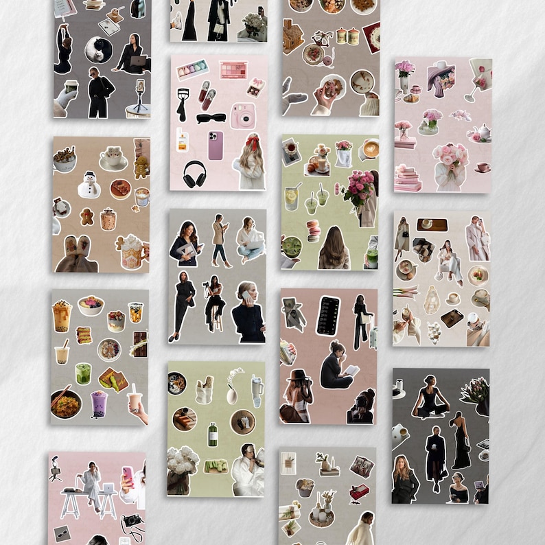 May include: A collection of sticker sheets featuring various illustrations. The stickers depict fashion items, food, drinks, and people in different poses. The color palette includes shades of pink, beige, and green, with a variety of sticker shapes and sizes.