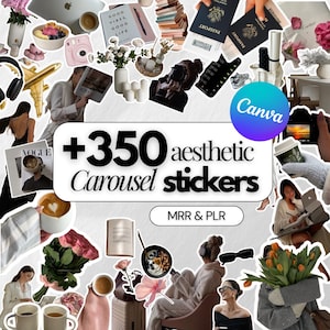 Może przedstawiać: Kolaż estetycznych naklejek z tekstem "+350 aesthetic Carousel stickers" i logo Canva. Obraz zawiera różne elementy stylu życia, takie jak laptop, paszport, kwiaty i kawa.