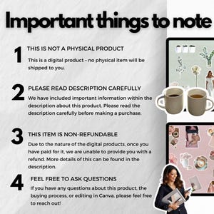 May include: A digital product announcement with the title "Important things to note" in bold black font. The text explains the product is digital, to read the description, that it is non-refundable, and to ask questions.