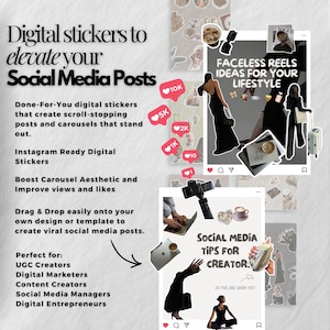 May include: Digital stickers for social media posts. The image features text that reads "Digital stickers to elevate your Social Media Posts." The image includes graphics of social media posts with hearts and the text "Faceless Reels Ideas for Your Lifestyle."