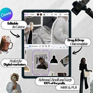 May include: A digital marketing graphic featuring a tablet with the Canva interface, showcasing design elements. Text includes "Editable in Canva," "Drag & Drop Onto template," and "Rebrand, Resell and Keep 100% of the profits." Additional text: "Perfect for Digital marketers."