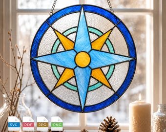 Motivo a bussola in vetrata SVG Acchiappasole moderno fai da te Modello PDF Cricut Glowforge Taglio laser Decorazione geometrica da appendere alla finestra
