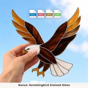 May include: A stained glass bald eagle in flight with brown, white, and yellow glass pieces joined by metal solder lines. Above the eagle are four file icons labeled SVG, PDF, JPG, and PNG. The text below reads Bonus: Hummingbird Stained Glass.