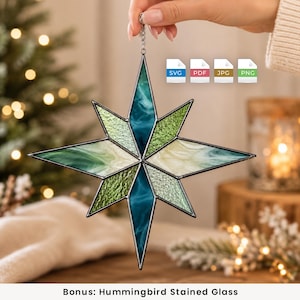 May include: A multi-pointed star ornament crafted from stained glass in shades of teal, forest green, and cream, featuring a metallic frame and a hanging chain. The image includes file format icons labeled SVG, PDF, JPG, and PNG, and text below.