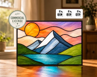 Patrón de vidriera de montaña en PDF, licencia comercial, plantilla de atrapasoles, panel de ventana de lago al atardecer, descarga instantánea.