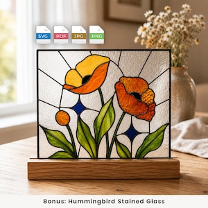 May include: A rectangular stained glass panel featuring two orange and yellow poppy flowers with green leaves and small blue accents, set in a light wood base. Above the panel are four file format icons labeled SVG, PDF, JPG, and PNG.