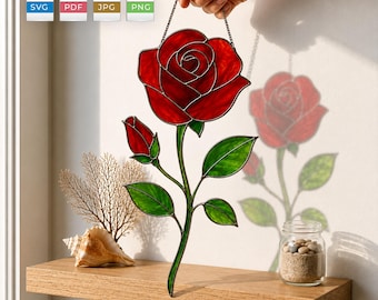 Padrão de vitral de rosa em SVG e PDF | Molde para apanhador de sol floral | Rosa em vitral | Download instantâneo para Cricut e Glowforge