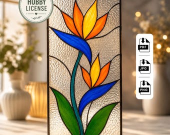 Bird of Paradise Stained Glass Pattern | PDF PNG JPG Digital Download | Tropical Flower Suncatcher Window Panel Template