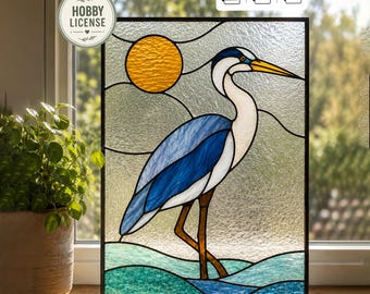 Pacchetto di modelli per vetrate artistiche con airone blu, modello stampabile per hobby, file PDF, JPG e PNG, acchiappasole con airone, download di opere d'arte in vetro fai da te